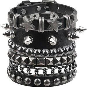 Goth Punk Rock Studded Bracelet Set Leather Cuff Black‎ Bracelet